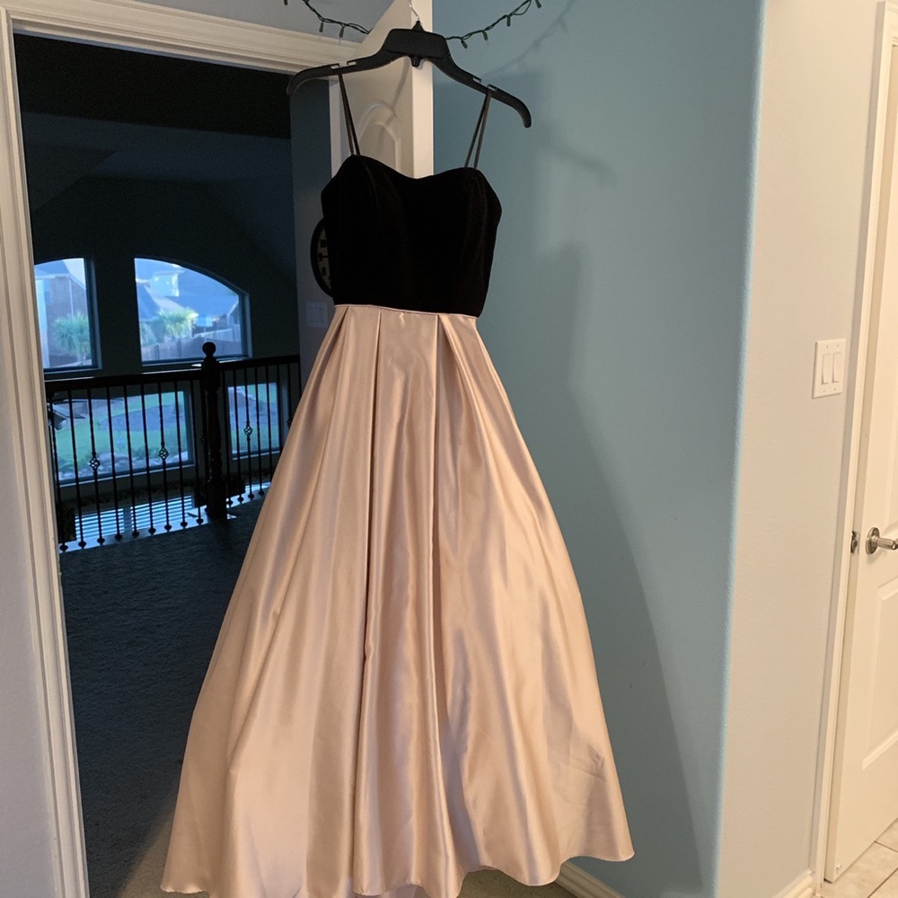 Betsy Adam pink and black long prom dress